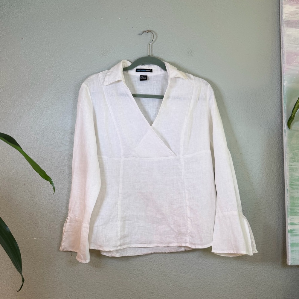 Saint Tropez West White Linen Bohemian Faux Wrap V-neck Long Sleeve Flowy Top L